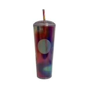 New! STARBUCKS Iridescent 24oz Tumbler with Rainbow Stripe Straw